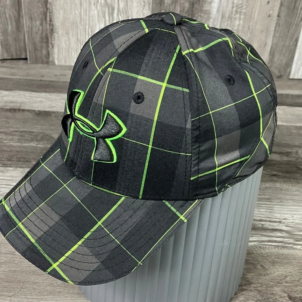 Under Armour Plaid Baseball Cap Hat Grey Black Neon Green Grid Embroidered Logo